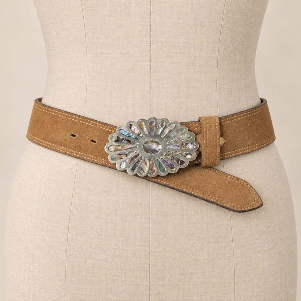 Vintage Southwestern silver Abalone Shell Belt Buckle Tan Suede Wrangler 32